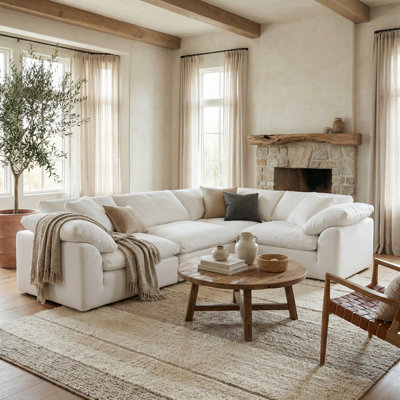  Sunset Trading Cloud-Inspired 132" 4 Piece Oversized Deep Lounge Slipcovered Modular Corner Sectional | Performance Fabric Washable Water-Resistant Stain-Proof | Deep-Seating Feather-Filled Couch | Plush Cushions, Modern Design 