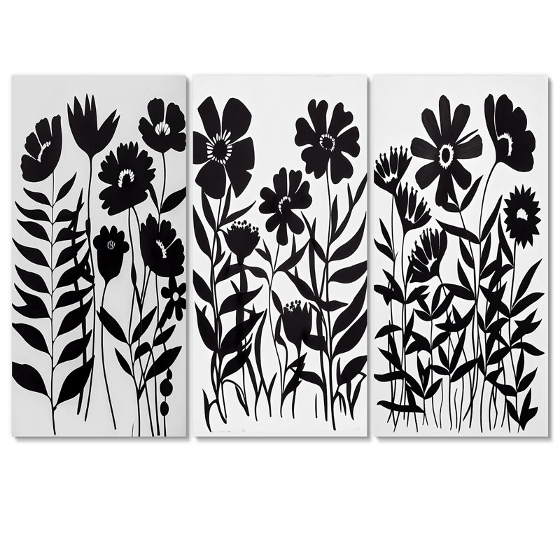 «Black and White Graphic Flowers II», ensemble de 3 reproductions sur toiles tendues, H 40 po x l 60 po x P 1 po