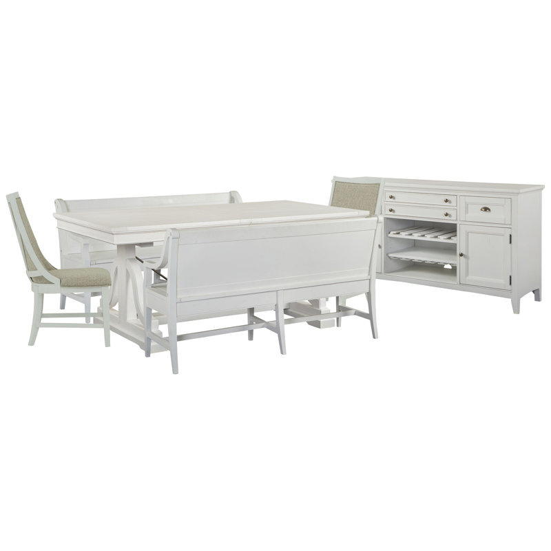 Extendable Trestle Dining Table With 2 Benches 2 Host Chairs And Buffet, 6 Pieces: Table, Buffet, 2 Benchs, 2 Chairs