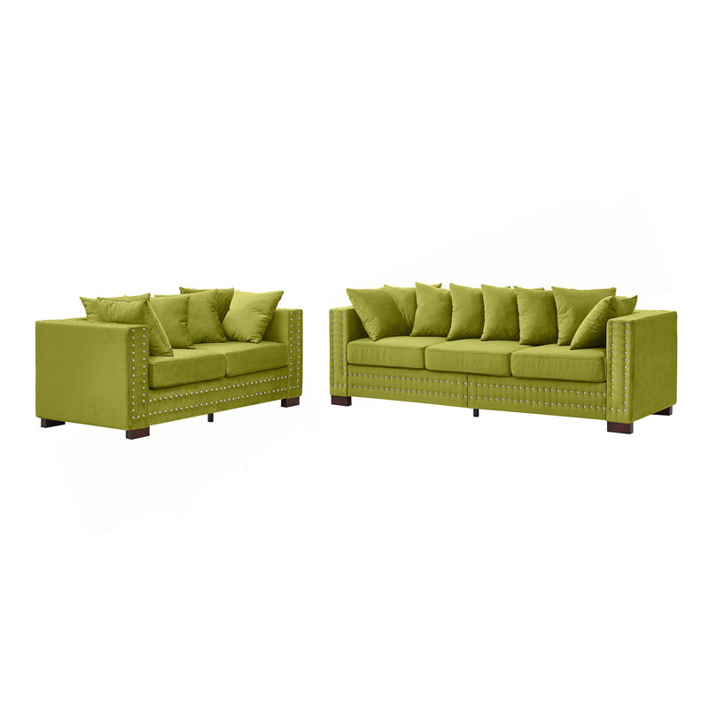 Canapé moderne en tissu 2 + 3 places avec accoudoirs carrés et garniture cloutée argentée pour un salon élégant., Vert
