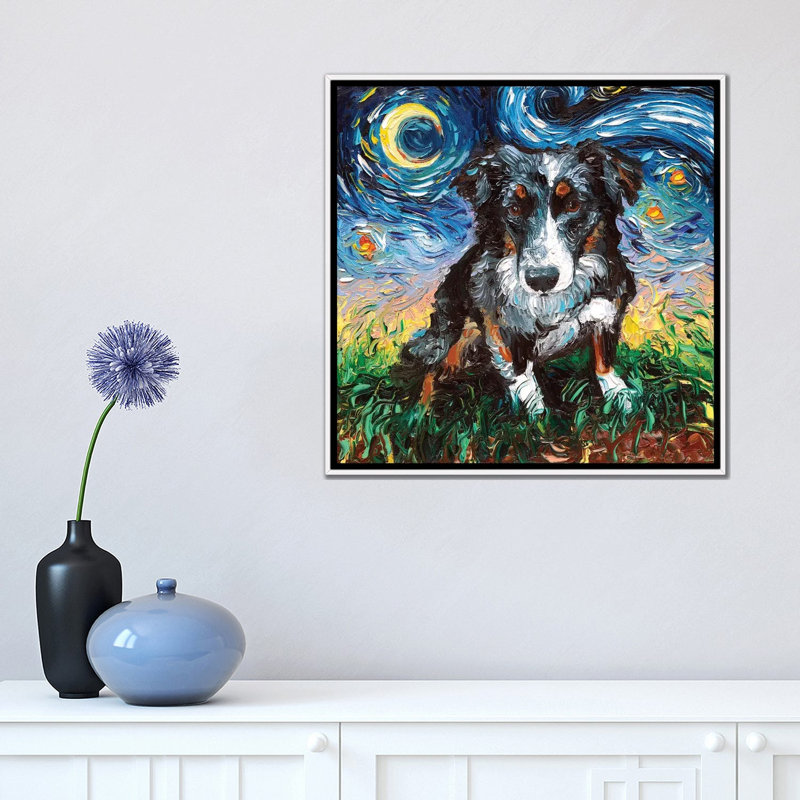 Reproduction d’art « Australian Shepherd Night » par aja Trèves, H 18 po x l 18 po x 1,5 po, Toile blanche encadrée