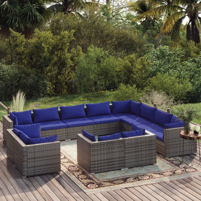 Ebern Designs 12 Piece Garden Lounge Set With Cushions Poly Rattan, Grey, Dark Blue