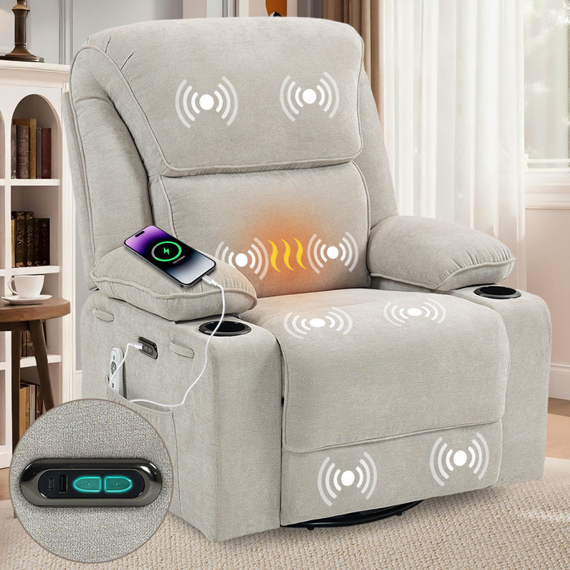 Fauteuil inclinable électrique berçant inclinable chauffant à massage électrique avec porte-gobelets et port USB Type C (gris beige)