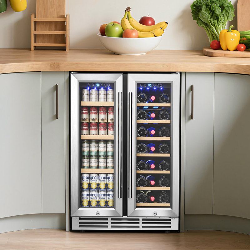Simzlife 23.5'' W 21 Bottles and 88 Cans 4.65 Cu Ft (Dual Zone) Wine and Beverage Refrigerator - Freestanding/Built-In/Under Counter Cooler with Tempered Glass Door & Reversible Handle