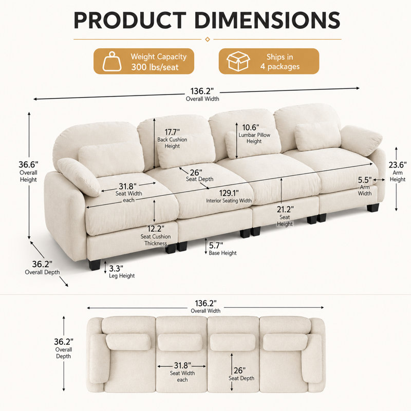 Canapé modulaire en chenille à 4 places de 136,2 po de large avec sièges profonds, coussins de style nuage et coussins lombaires Sarvis
