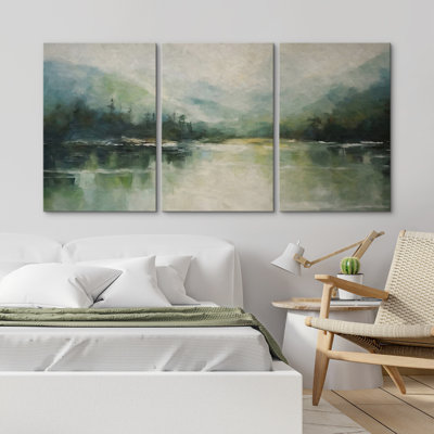 Abstract Landscape "Emerald Green Mountain Lake Nature Artwork, Modern Minimal Aesthetic Wall Pictures, Framed Canvas Giclée Print 3 Pieces Wall Art"