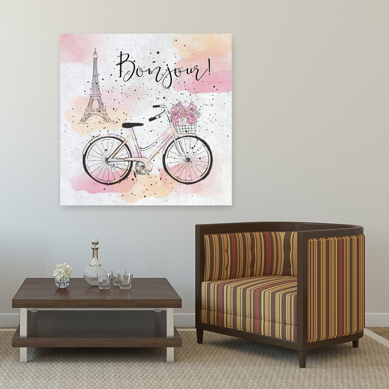 Bonjour, Paris, vélo, élégante fleur romantique moderne, impression murale, 48" H x 48" W