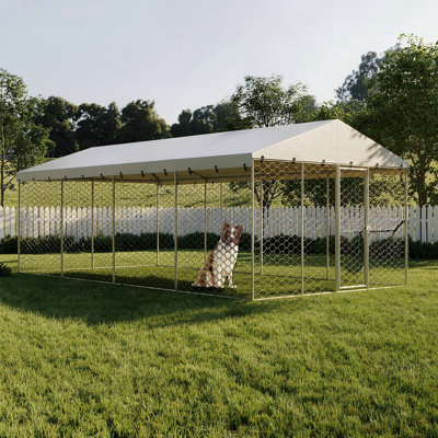 10x20 FT Large Outdoor Dog Kennel with Canopy, Heavy Duty Galvanized Steel Frame, Waterproof Cover, All-Weather Protection, Escape-Proof Lockable Pet Playpen for Large Dogs, Multiple Animals.