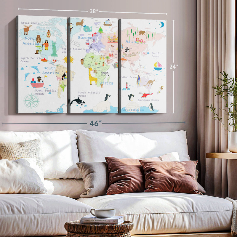 «World Map Continents» sur toile, H 24 po x l 38 po x P 1,25 po
