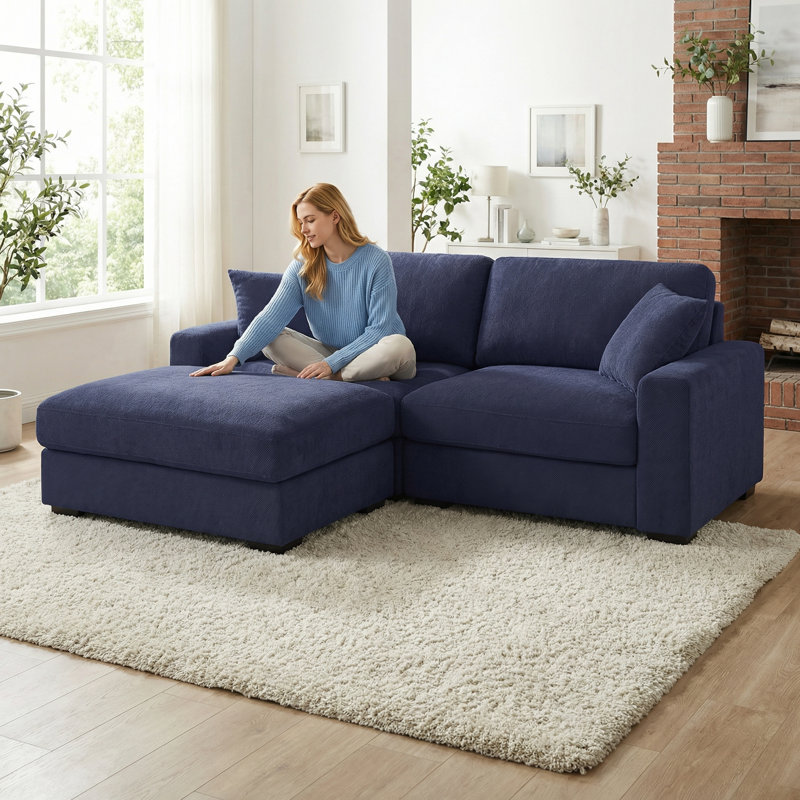 Modular Oversized Seat 91 in. Plush Chenille Loveseat Cloud Couch Sofa with Ottoman, Washable Cover, Blue Polyester