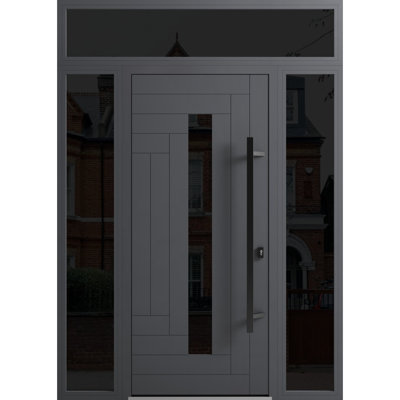 Porte avant en acier pré-suspendue à l'avant / Ronex 0130 gris / 2 côtés et fenêtre extérieure supérieure à panneau latéral / entrée en métal peint moderne l 14 + 36 + 14 po x H 80 + 16 po à gauche