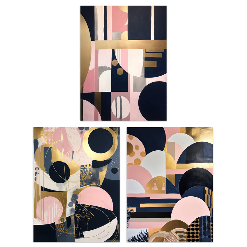 Abstract Boho Art Deco Gold Pink Navy Blue Geometric Shapes - 3 Piece No Frame Print Set, 40.5cm H x 30.5cm W x 0.3cm D