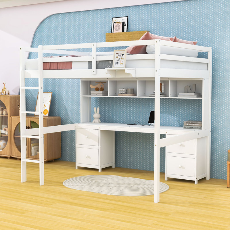 Lit mezzanine double avec bureau, station de charge, plateau de chevet, tiroirs et compartiment de rangement, Blanc
