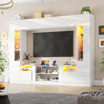 Meuble audio-vidéo 107 po avec bibliothèque, meuble télé moderne avec tablettes de rangement, armoire pont et lumières DEL, console multimédia pour le cinéma maison