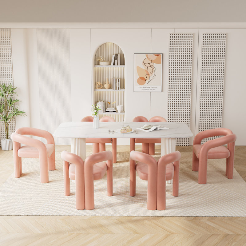 Ensemble de table de salle à manger à double piédestal en marbre blanc, 7, Rose