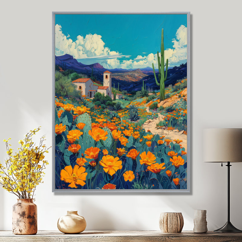Orange, orange, désert, cactus, paysage, Mexique, I, plantes, art mural, salon, Toile argentée avec cadre flottant