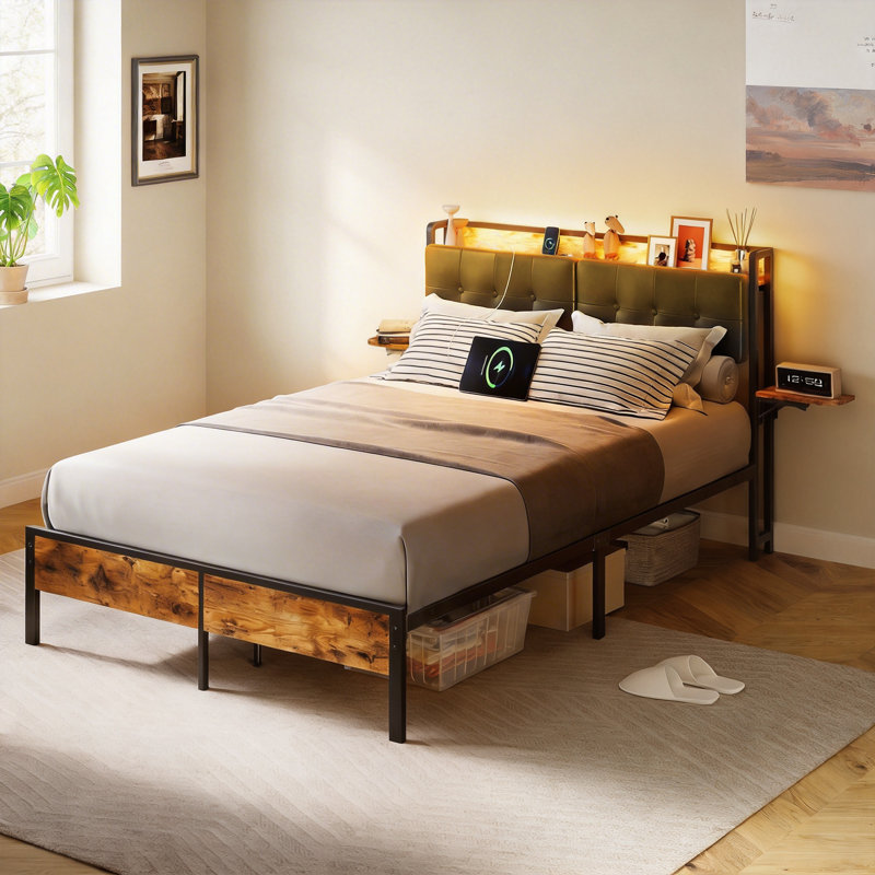 Nottaway Full Size Bed Frame with Upholstered Headboard, Power Outlet, LED Light and 2 Folding Panels, Full