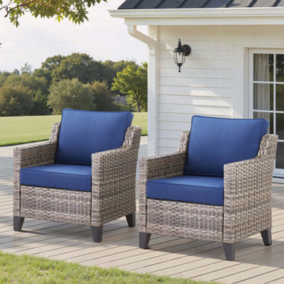 Set of 2 Gray Wicker Patio Arm Chairs with High-Resilience Cushions and Blue Olefin Fabric