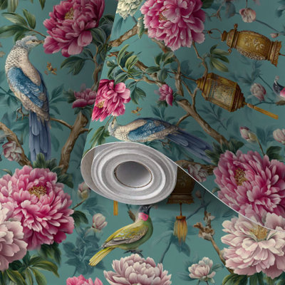 Lanterne d'oiseau en papier à peler et à coller avec papier peint à motif floral élégant et auto-adhésif sans couture 24 po x 118 po (60 x 300 cm)