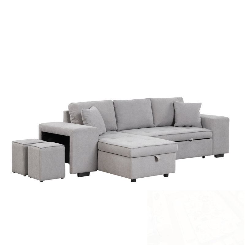 L-Shape Sectional Sofa with Storage Chaise and 2 Stools, Gray