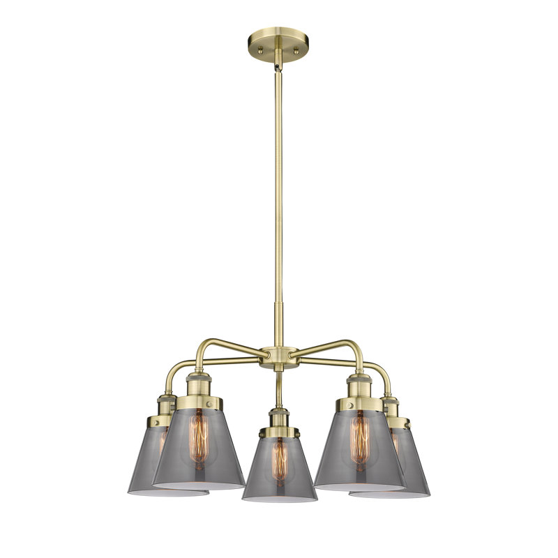 Lustre suspendu 5 lumières Cone, Laiton antique, Plaqué couleur fumée