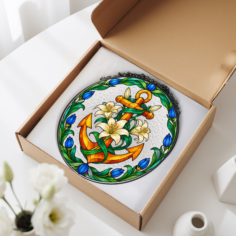 Art mural sur toile en forme de ancre dorée et lys blancs, H 12 po
