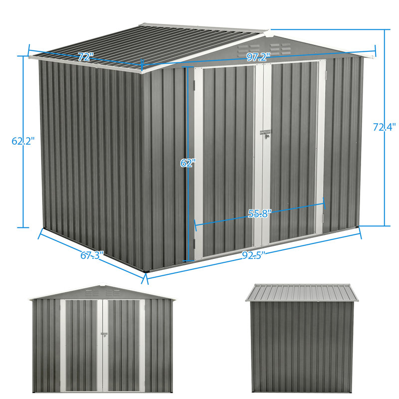 8 FT x 6 FT Rectangular Metal Storage Shed with Floor Frame & Vents, Gray