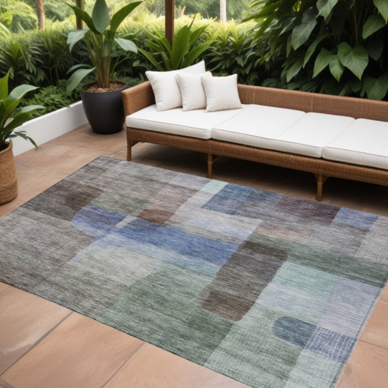 Tapis intérieur lavable abstrait vert et bleu 9 pi x 12 pi brun
