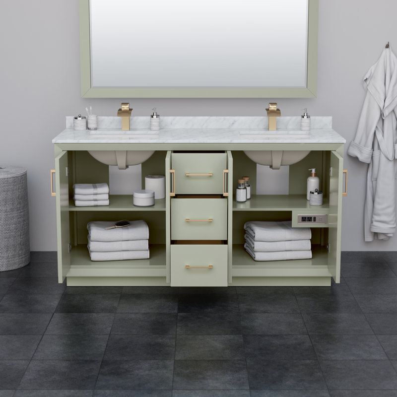 Strada 66'' W Double Vanity, White Quartz, Light Green, Satin Bronze