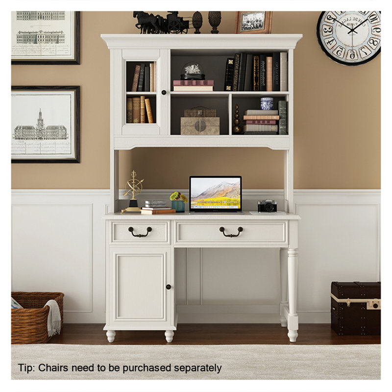 Country-Style Solid Wood Desk, Bookshelf, and Cabinet Combination, White