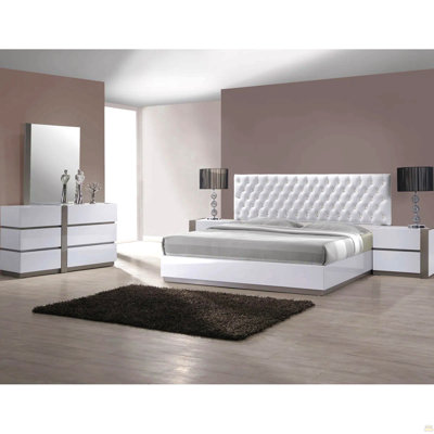 Modern Lacquer Nightstand Table With 2 Drawer For Bedroom Living Room, Wooden Bedside Table, White/Silver