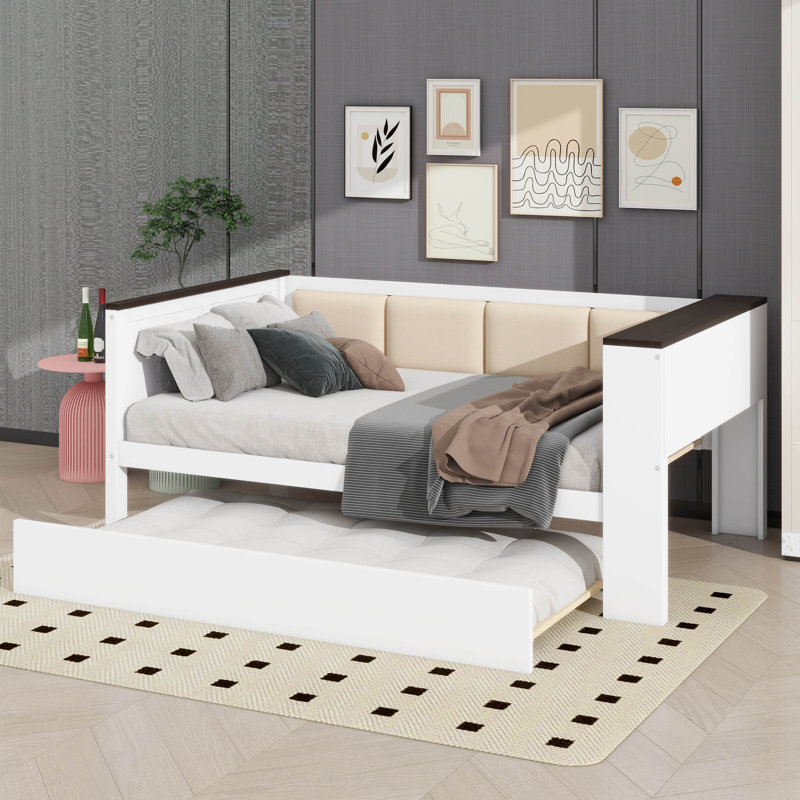 Lit de jour simple avec supports de rangement, dossier rembourré, port USB et lit gigogne, Lit simple