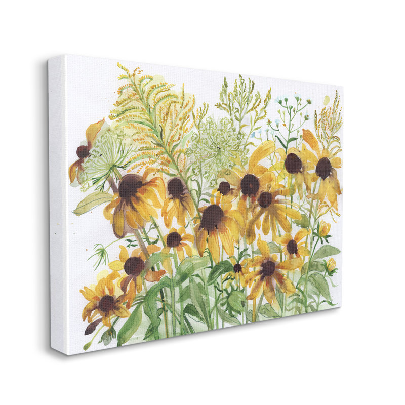 Layered Yellow Daisy Blooms Wildflower Herb Sprouts - peinture sur toile à cadre flottant, H 16 po x l 20 po x P 1,5 po