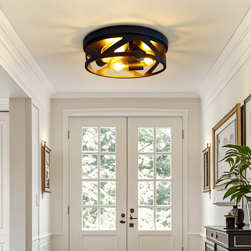 Industrial Flush Mount Ceiling Light - Matte Black Metal Ceiling Fixture For Porch & Kitchen (12.6in), 3 Lights