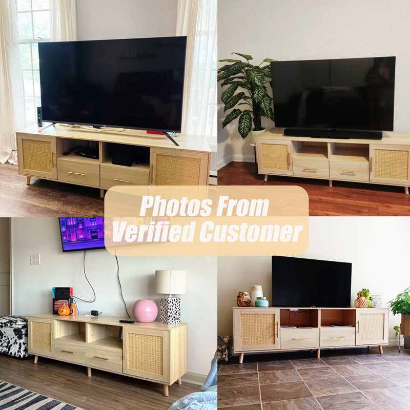 Natural Wood and Rattan TV Stand with LED Lights