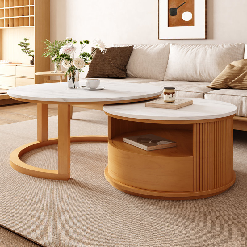 Table basse ronde gigogne avec plateau en marbre blanc, rangement à 2 niveaux et 1 tiroir