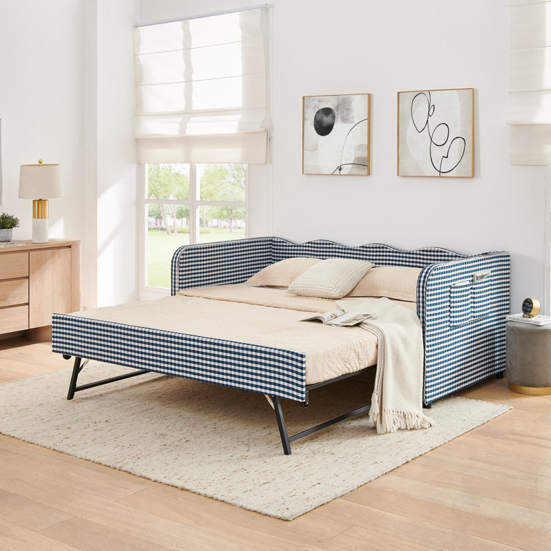Lit de jour, canapé-lit convertible polyvalent 3 en 1 Gingham avec couchette coulissante et poches de rangement latérales, idéal pour les espaces multiples