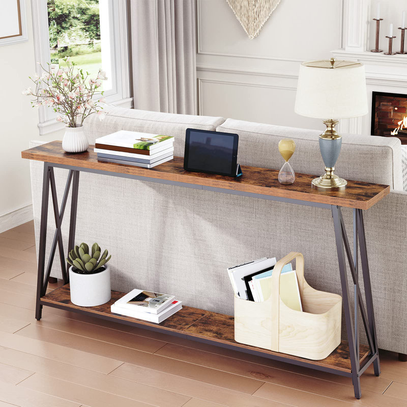 Sabira Console Table with Storage Extra Long Sofa Table Behind Couch, 31.5" H x 63" W x 9.45" D, Rustic Brown