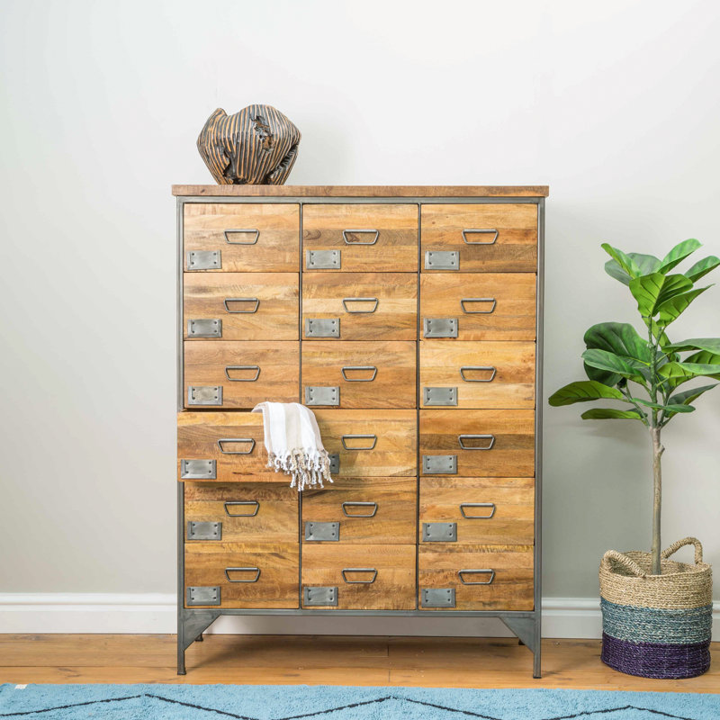 Mignon Solid Wood 103.5 cm W Chest of 18 Drawers, Mango wood/Steel
