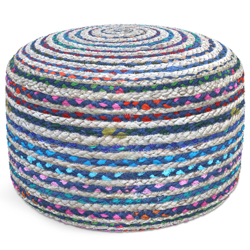 Pouf rond en jute et coton tissés à la main l 20 po Margo, Bleu, H 14 po x l 20,1 po x P 20,1 po