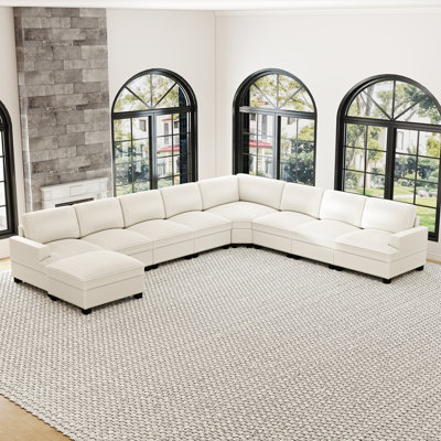Spacious 9-Piece Corduroy Nailhead-Trimmed Corner Sectional Sofa, Couch With Ottoman