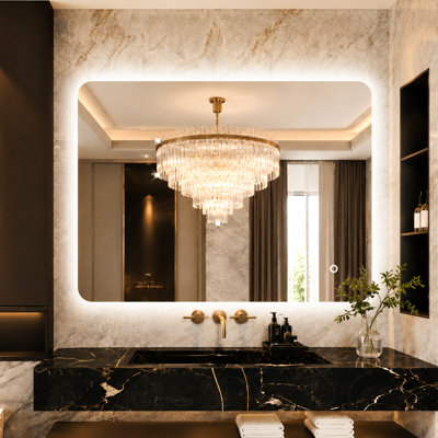 Miroir de salle de bain doux à coins arrondis rétro-éclairé à DEL sans cadre, 3 températures de couleur à intensité variable, verre trempé, montage horizontal ou vertical, certifié UL / ETL