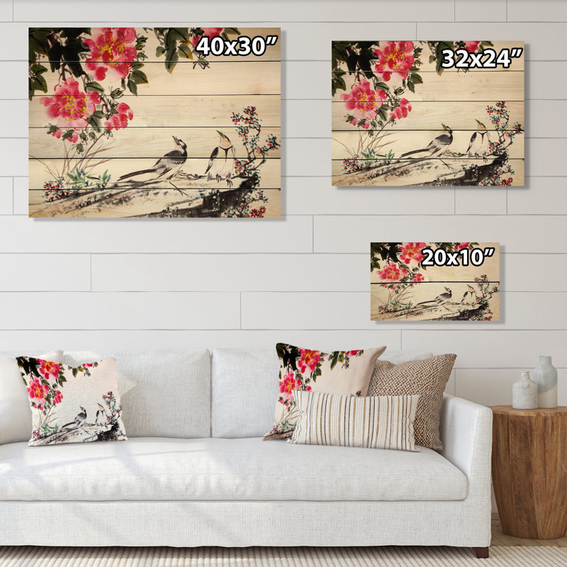 Peinture à l'encre de chine - Décoration murale traditionnelle en bois, H 16 po x l 32 po x P 1 po