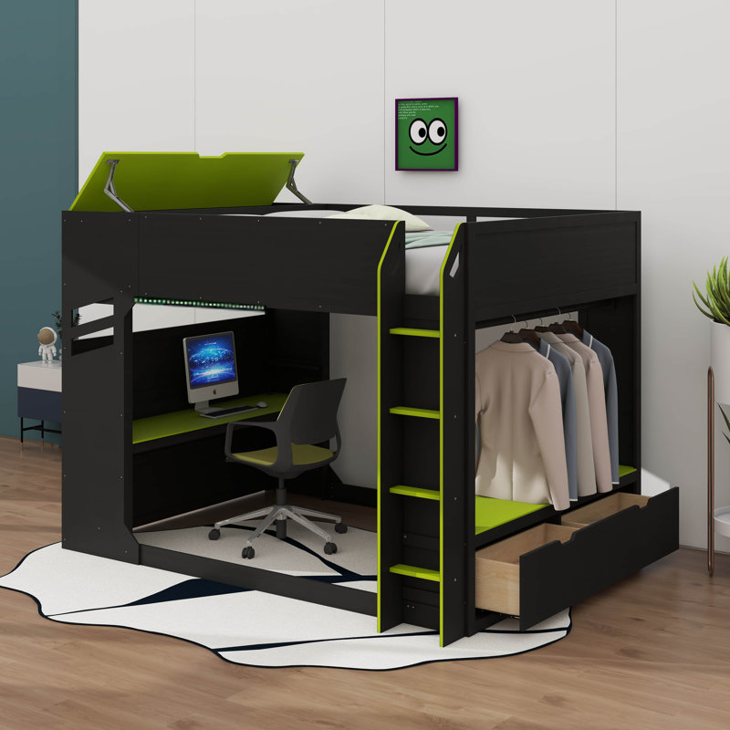 Full Size Wood Loft Bed With Desk,Drawers,Storage Compartments,Hanging Rod And RGB Lights, Green