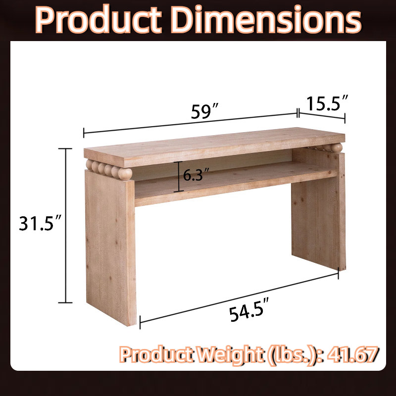 59" Farmhouse Console Table with Open Shelf - Rustic Wood Entryway Table, Narrow Sofa Table for Behind Couch, Hallway Storage Solution (Natural Finish)