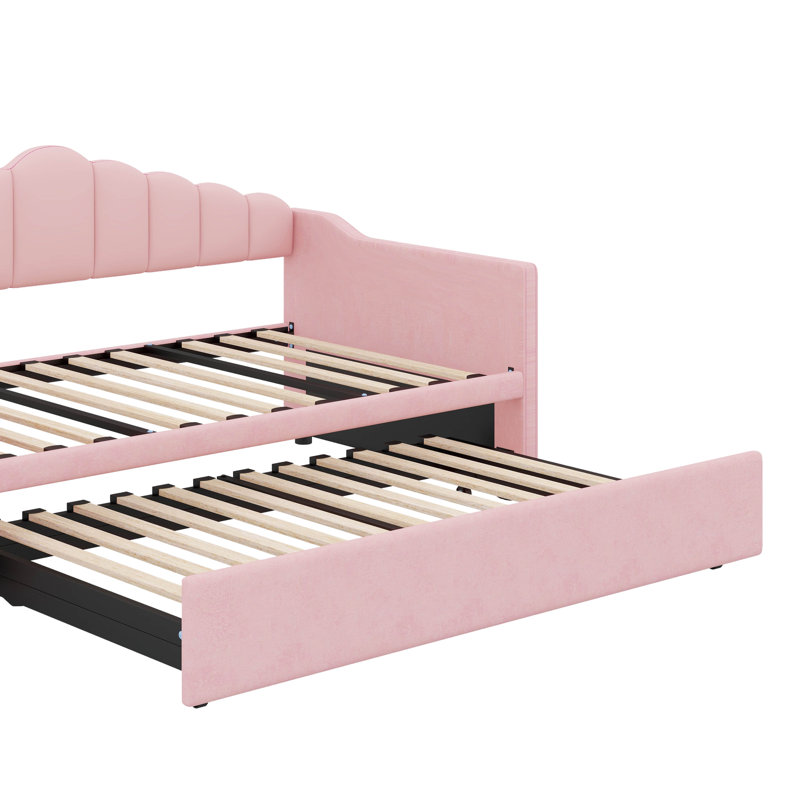 Lit de jour rembourré simple avec couchette escamotable réglable en hauteur et port de charge USB et Type-C, Rose