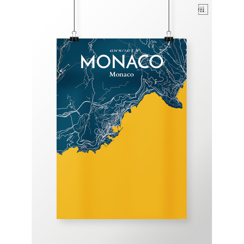 « monaco city map », reproduction d’impression sur affiche, H 20 po x l 16 po