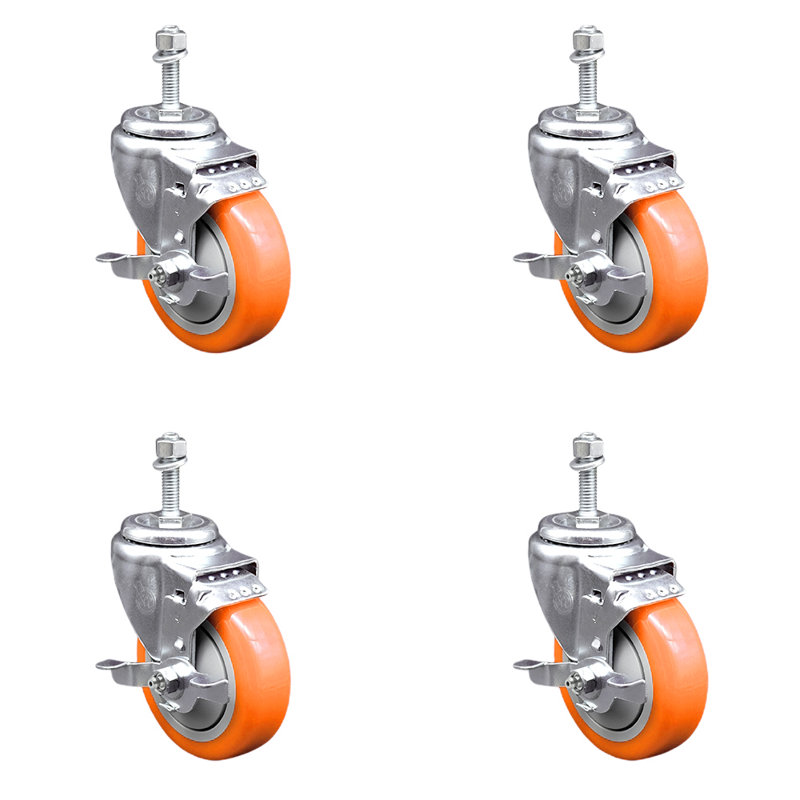Ensemble de 4 roulettes à tige filetée en polyuréthane pivotant de 3/8 po avec frein SCC, Orange