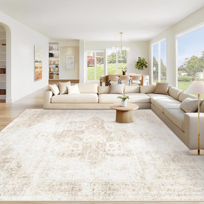 Area Rug 8X10 Washable Rug, Vintage Boho Medallion Rugs Non-Slip Soft Low Pile Large Distressed Rug Indoor Retro Carpet For Living Room Bedroom Dining Room Home Office (Beige, 8'X10')