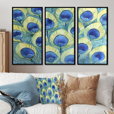 «Blue and Green Peacock Feather Collage IV», ensemble de 3 paons